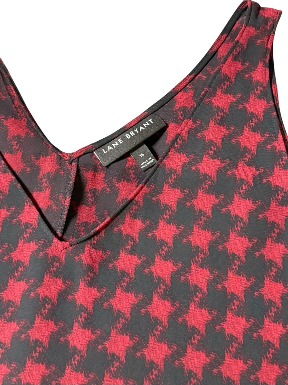 Lane Bryant Chiffon Swing Tank Top 16 Red Black Houndstooth Layered V-Neck - Picture 2 of 3